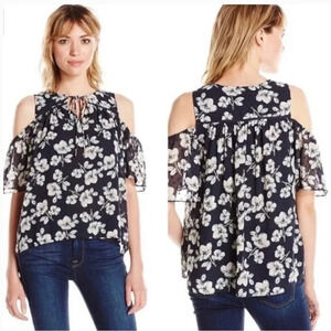 Moon River Navy Blue Floral Cold Shoulder Lined Blouse Size Medium